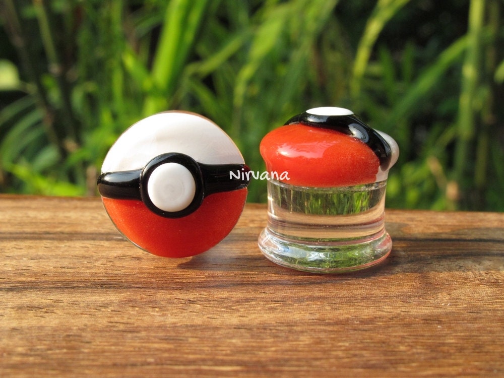 1 Pair (2 Pieces) Pokemon Stye Poke Ball Pyrex Glass Plugs