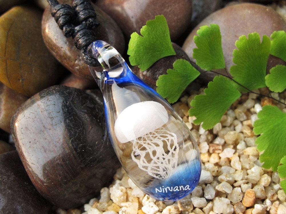 Custom Made Opalescent Jellyfish Pendant with Translucent Light Cobalt background on an Adjustable Black Cord