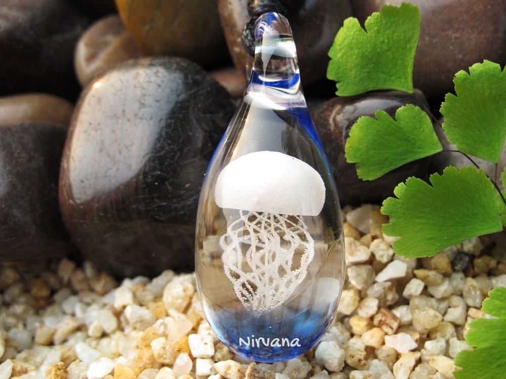 Custom Made Opalescent Jellyfish Pendant with Translucent Light Cobalt background on an Adjustable Black Cord