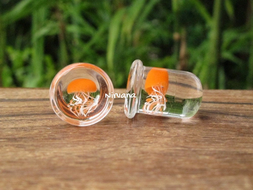 1 Pair (2 Pieces) Pyrex Glass Orange Head Jellyfish Plugs with White & Orange Legs