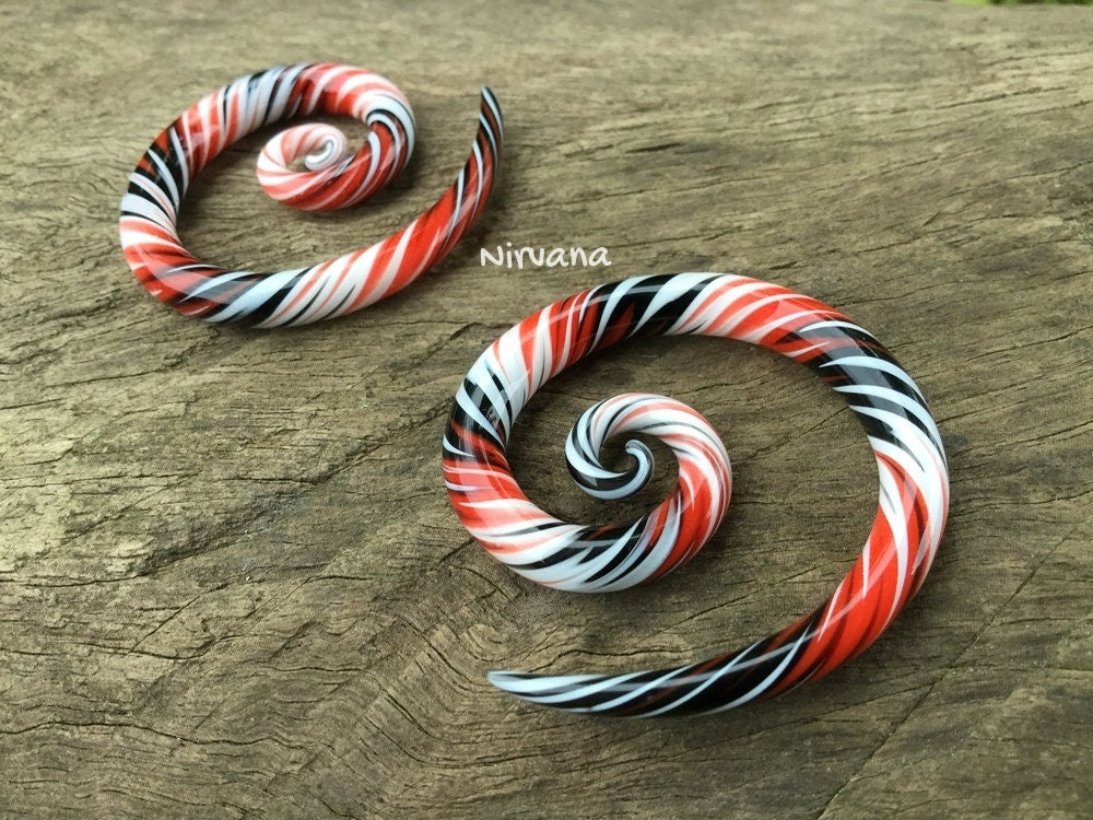 1 Pair (2 Pieces) Black, Red & White Free Style Super Spirals Glass