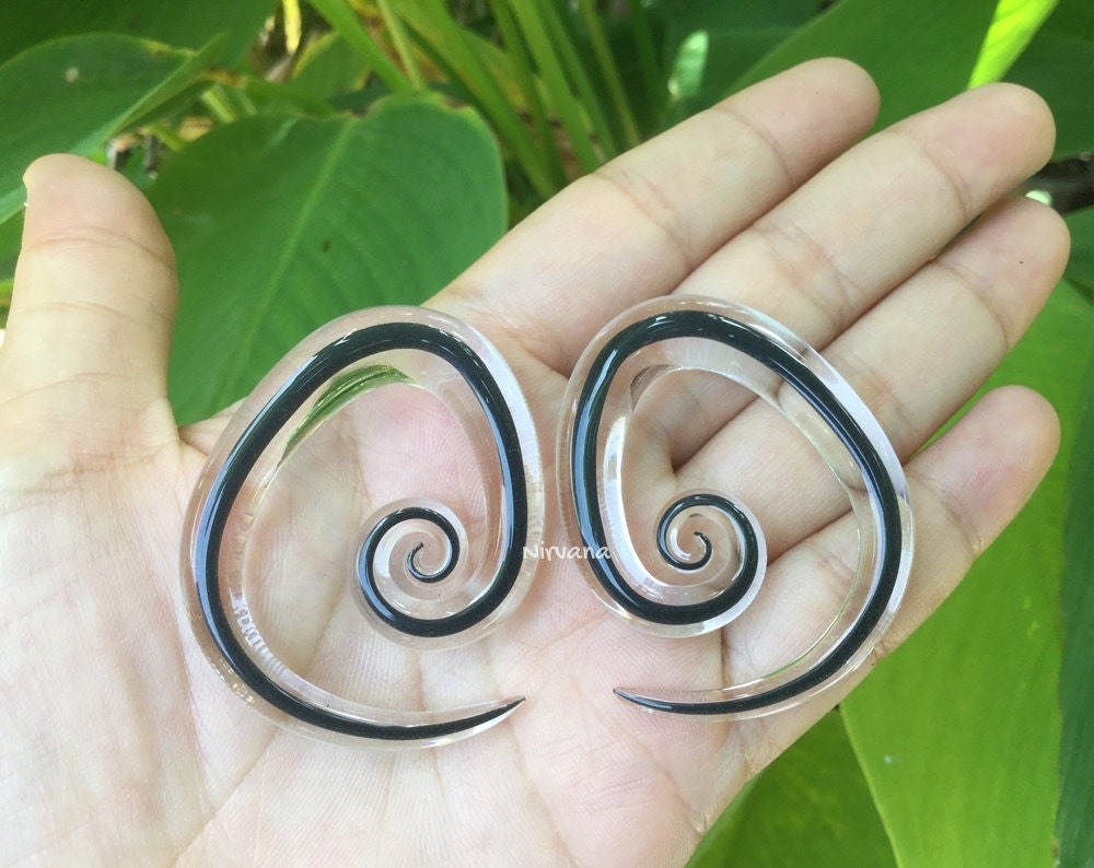 1 Pair (2 Pieces) Dark Gray Tear Drop Spirals Encased in Clear