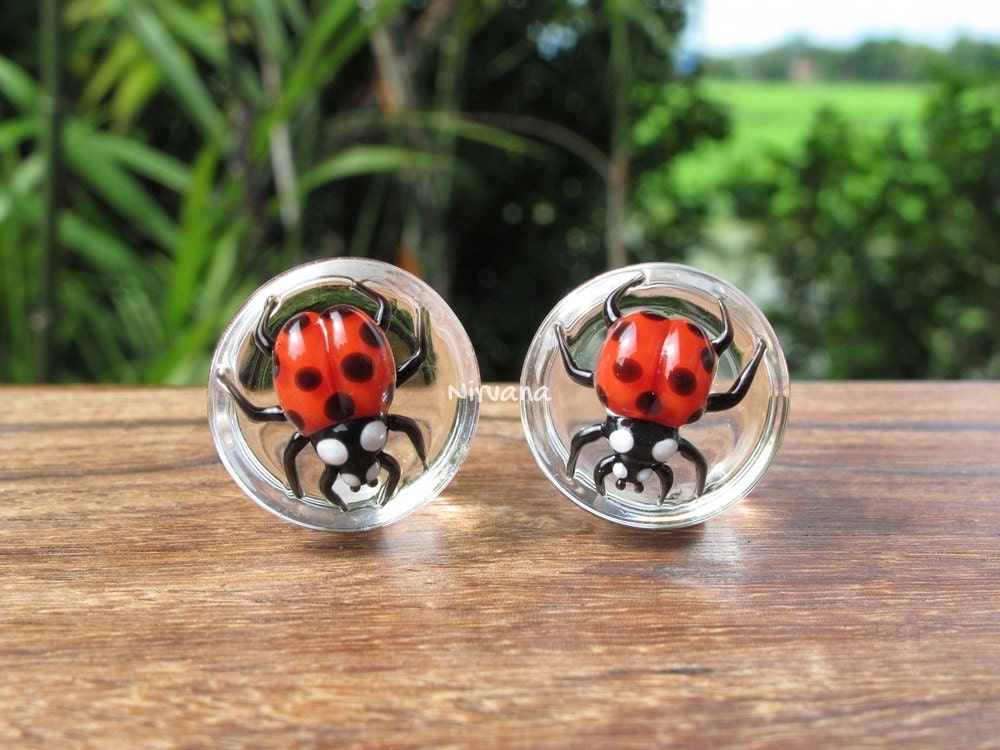 1 Pair (2 Pieces) Classic Red Ladybug Plugs Pyrex Glass