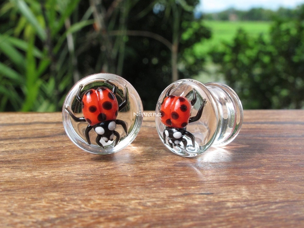 1 Pair (2 Pieces) Classic Red Ladybug Plugs Pyrex Glass