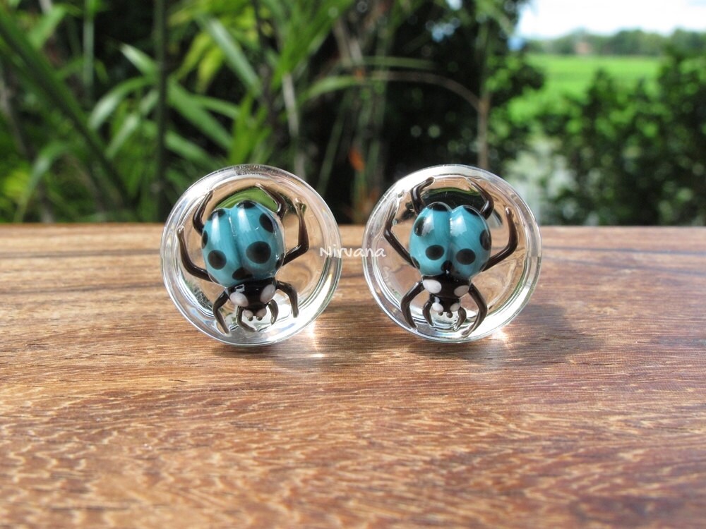 1 Pair (2 Pieces) Blue Ladybug Plugs Pyrex Glass