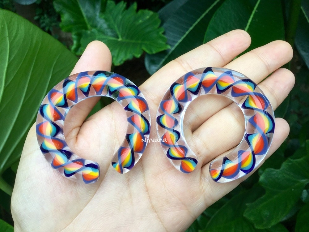 1 Pair (2 Pieces) Rainbow Encased Twist Hoop Gauges