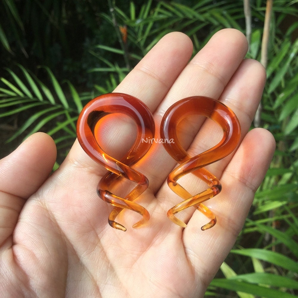 1 Pair (2 Pieces) Amber Color Glass Cork Screw Spirals