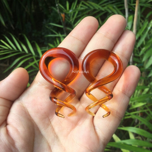 1 Pair (2 Pieces) Amber Color Glass Cork Screw Spirals