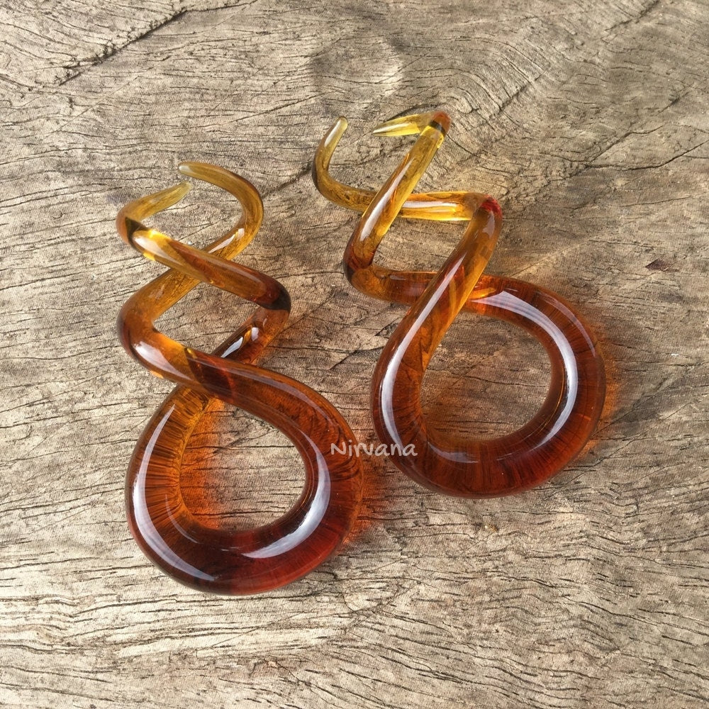 1 Pair (2 Pieces) Amber Color Glass Cork Screw Spirals