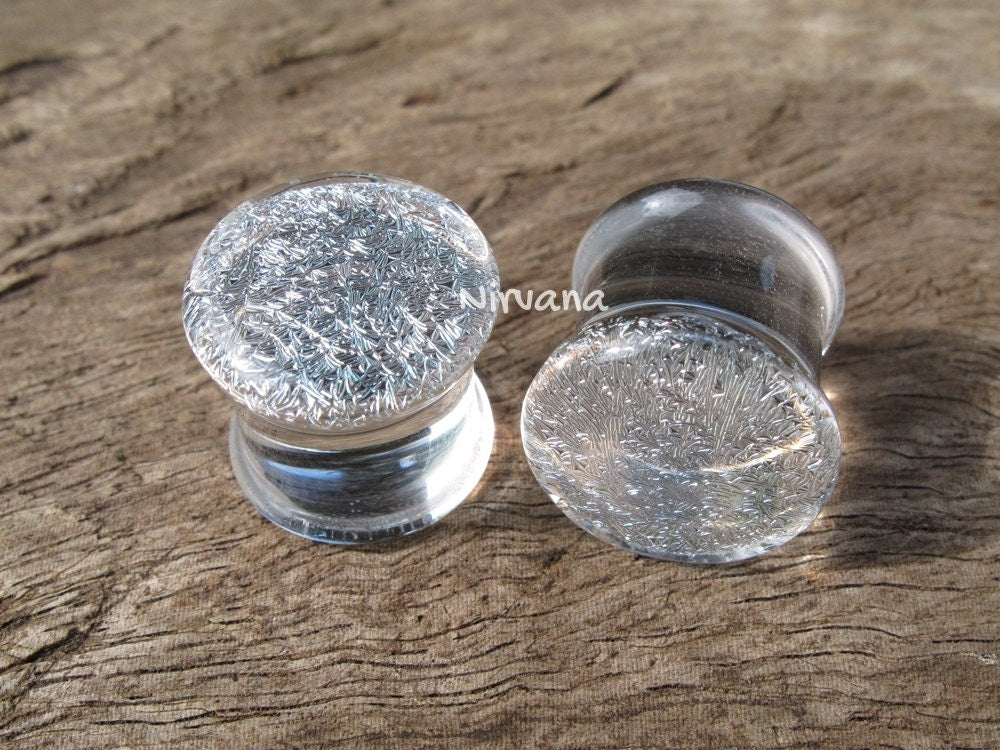 1 Pair (2 Pieces) Translucent Silver Dichroic Glass Plugs No Background Color