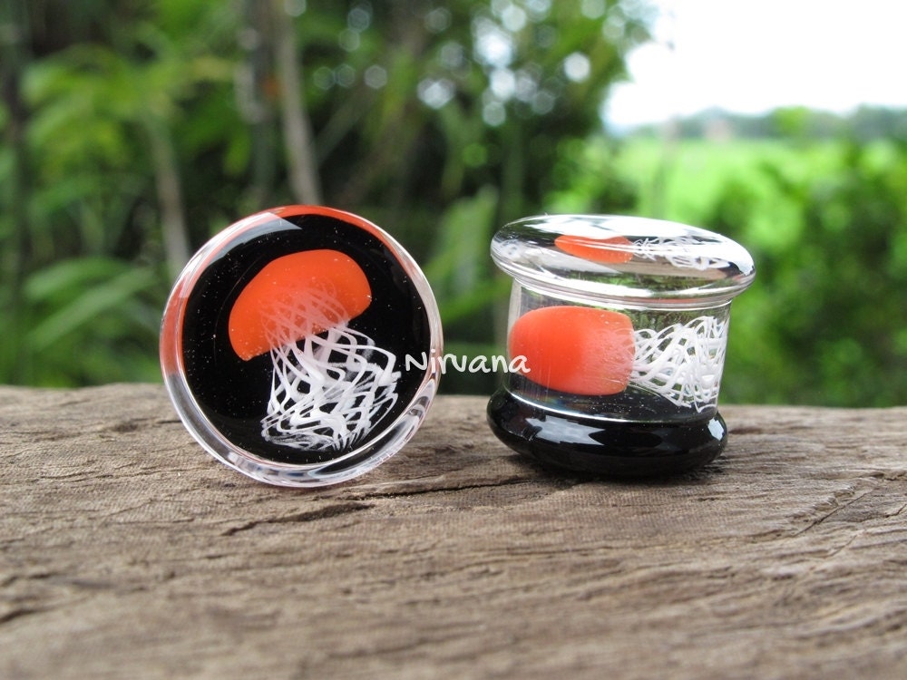 1 Pair (2 Pieces) Red Pyrex Glass Jellyfish Plugs on Black