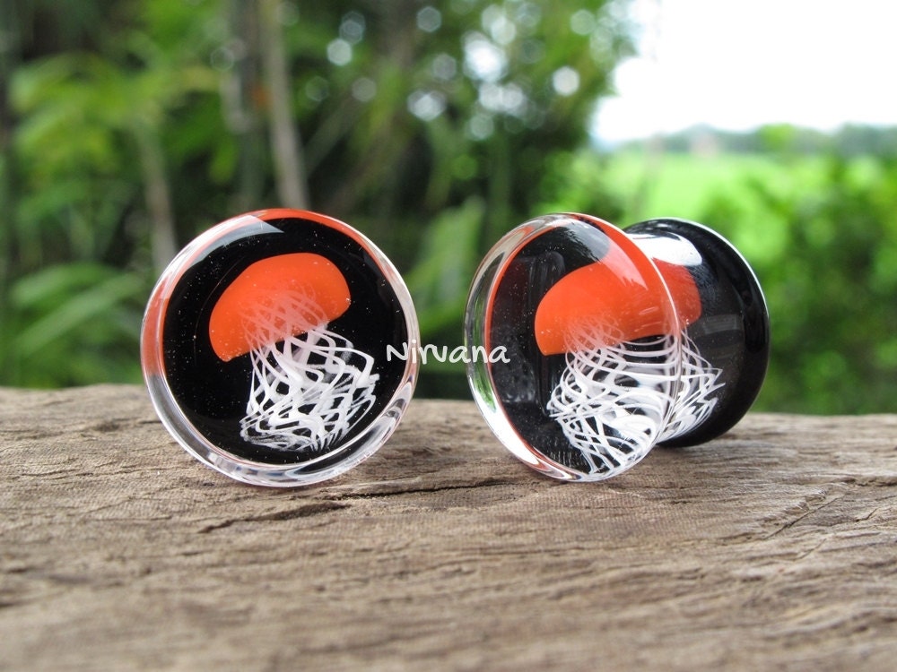 1 Pair (2 Pieces) Red Pyrex Glass Jellyfish Plugs on Black