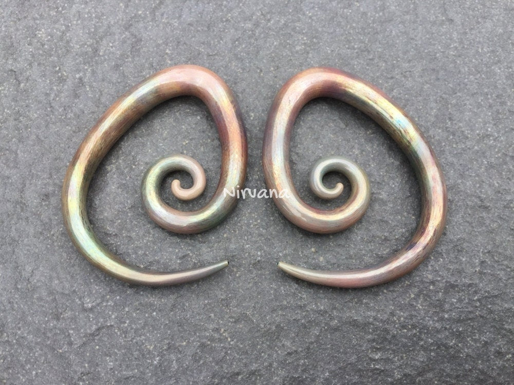 1 Pair (2 Pieces) Antique Metallic Earth Tear Drop Spirals Pyrex Glass