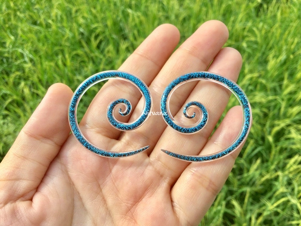 1 Pair (2 Pieces) Dichroic Aqua Blue Super Spiral Gauges
