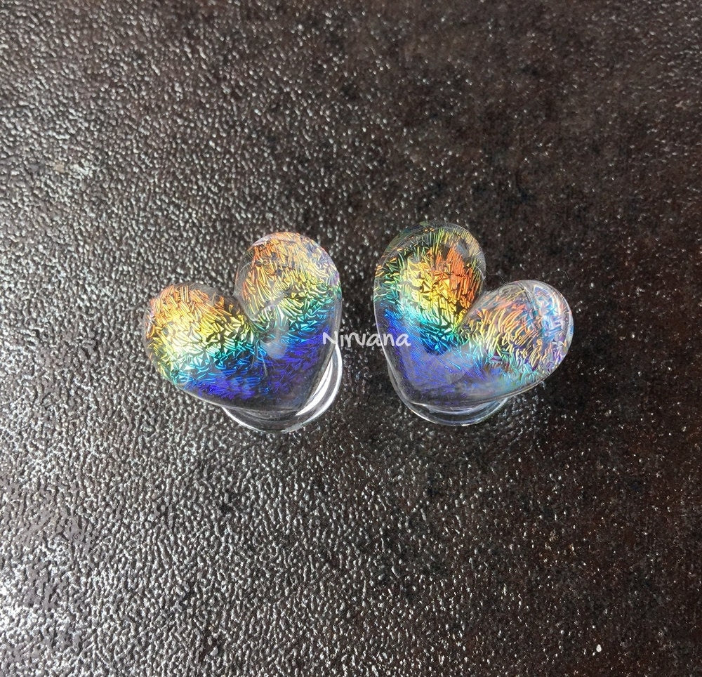 1 Pair (2 Pieces) Translucent Aquatic Rainbow Dichroic Glass Heart Plugs