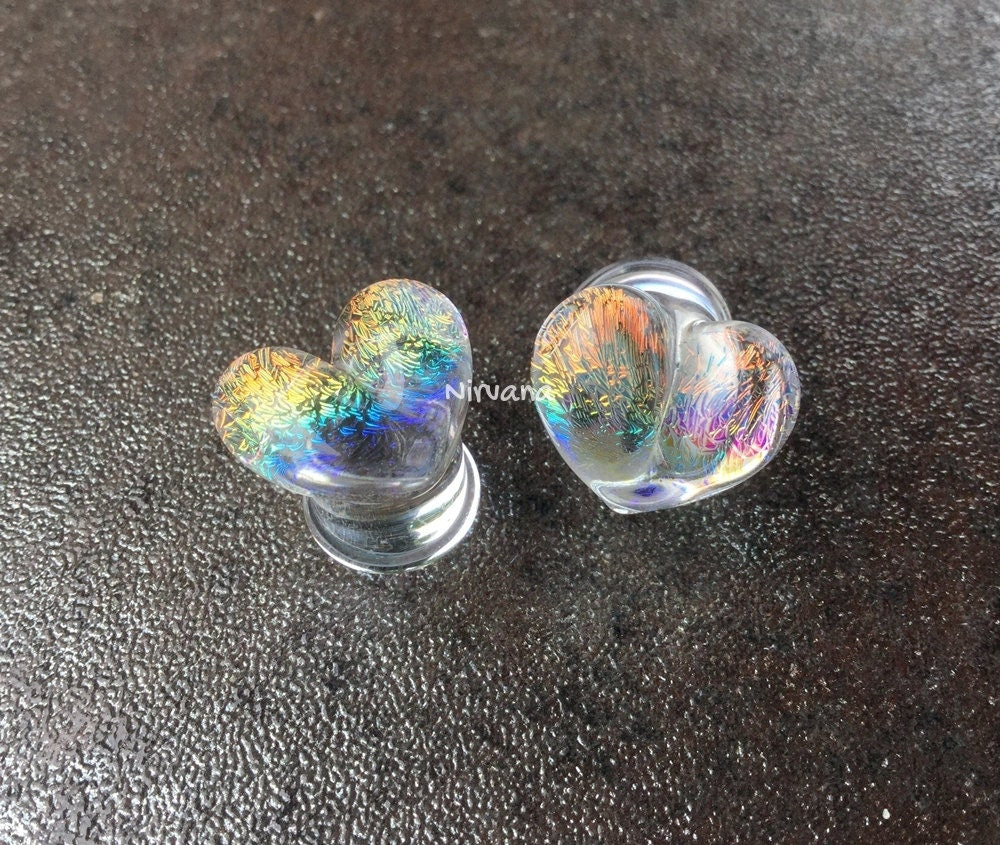 1 Pair (2 Pieces) Translucent Aquatic Rainbow Dichroic Glass Heart Plugs