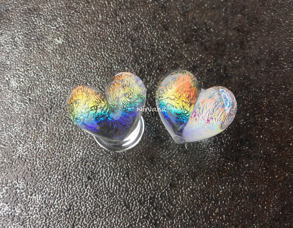 1 Pair (2 Pieces) Translucent Aquatic Rainbow Dichroic Glass Heart Plugs