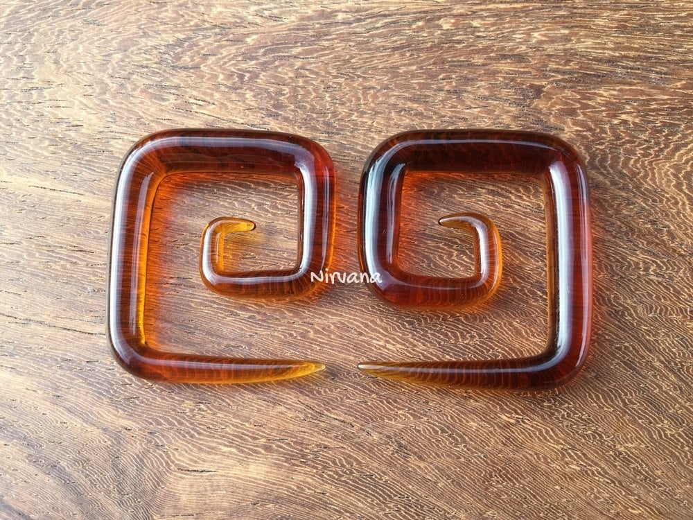 1 Pair (2 Pieces) Translucent Amber Colored Glass Square Spirals