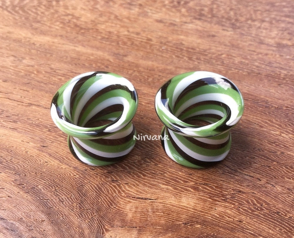 1 Pair (2 Pieces) Jade Black & White Twist Tunnels Pyrex Glass