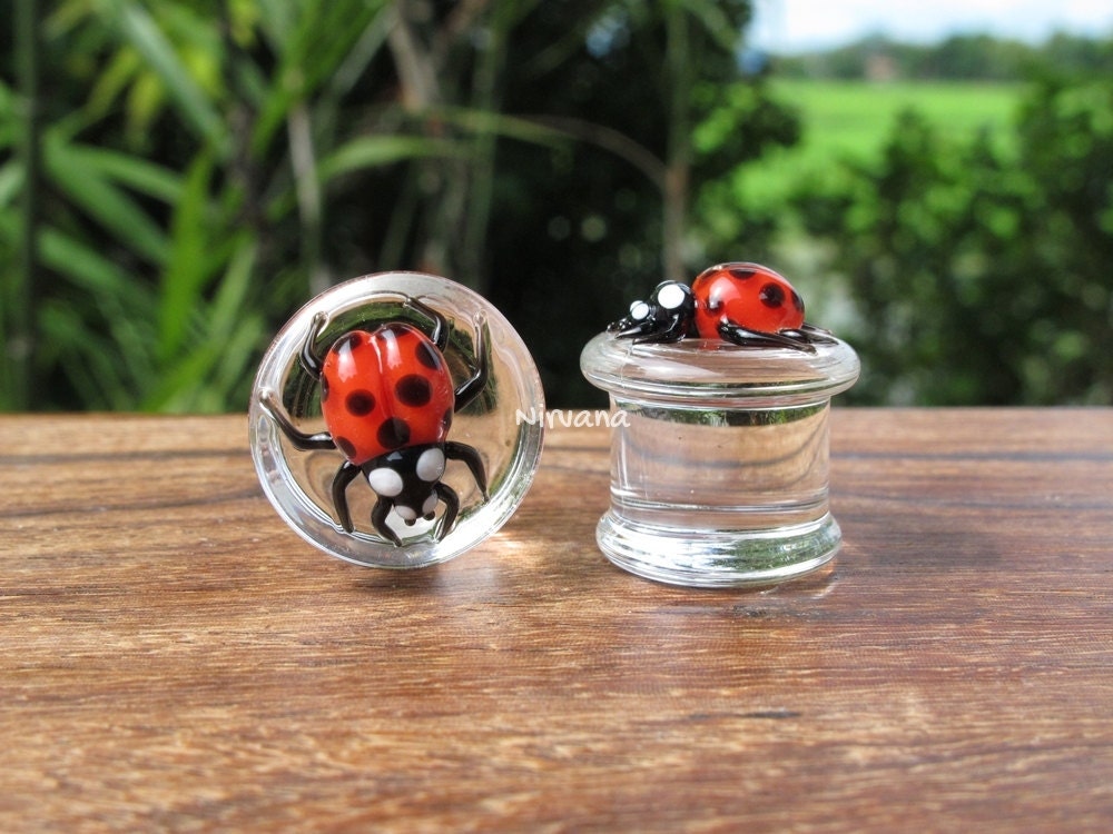 1 Pair (2 Pieces) Classic Red Ladybug Plugs Pyrex Glass