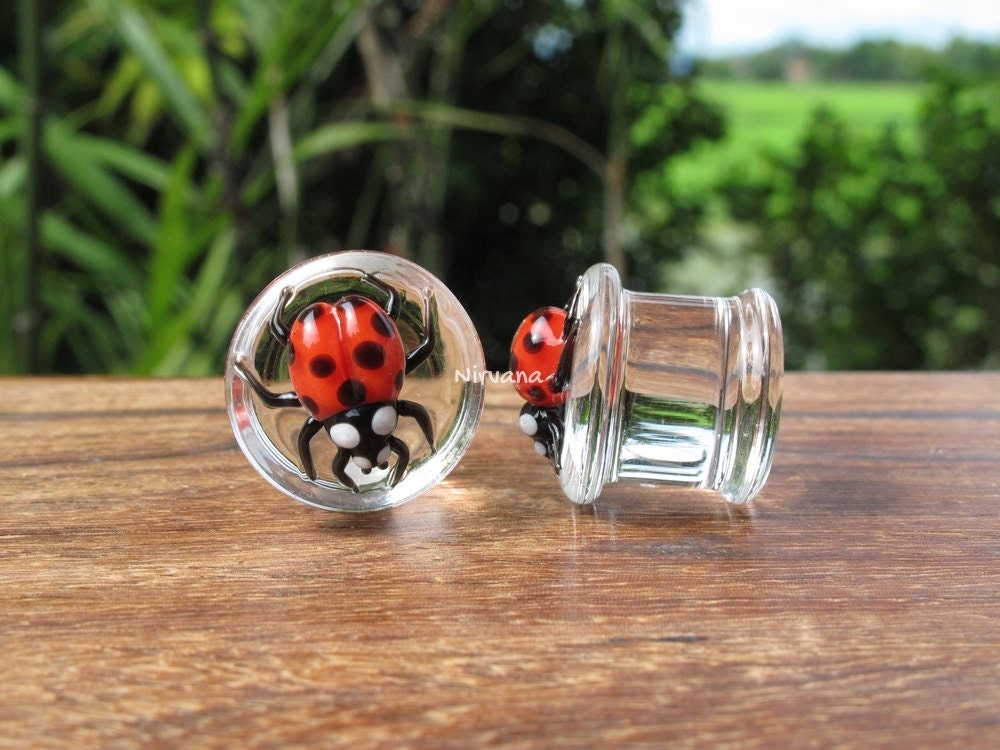 1 Pair (2 Pieces) Classic Red Ladybug Plugs Pyrex Glass