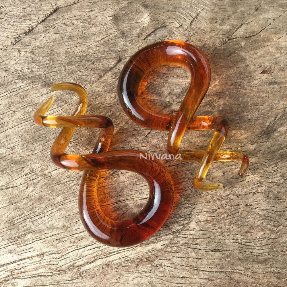 1 Pair (2 Pieces) Amber Color Glass Cork Screw Spirals