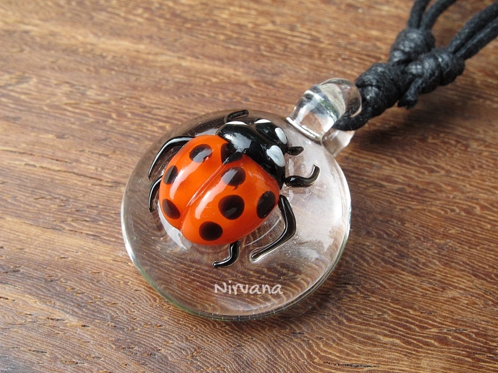 1 Piece - Lady Bug Glass Pendant Critters with Adjustable Black Cord