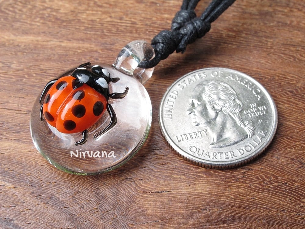 1 Piece - Lady Bug Glass Pendant Critters with Adjustable Black Cord