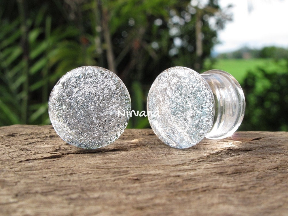 1 Pair (2 Pieces) Translucent Silver Dichroic Glass Plugs No Background Color