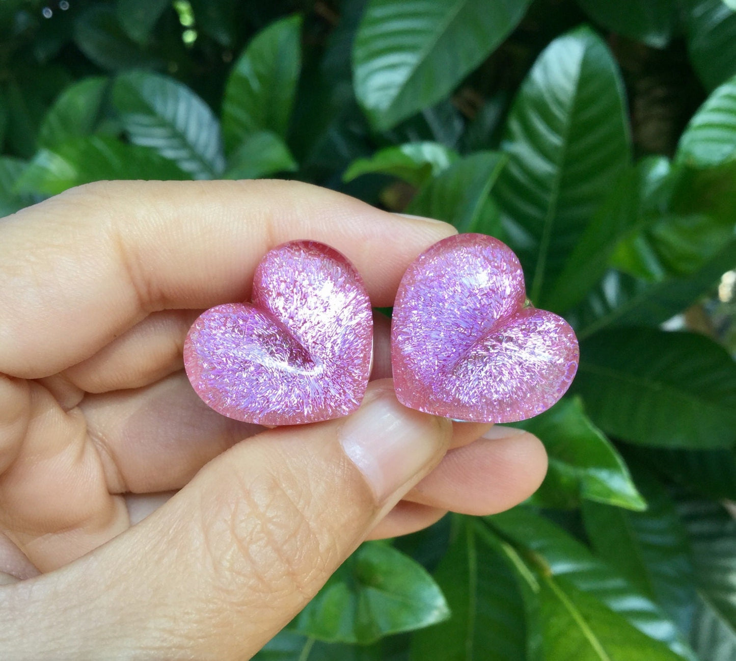 1 Pair (2 Pieces) Pastel Pink Dichroic Glass Heart Plugs Pyrex