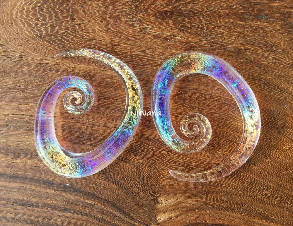 1 Pair (2 Pieces) Translucent Rainbow Trans Pink Dichroic Glass Tear Drop Spirals
