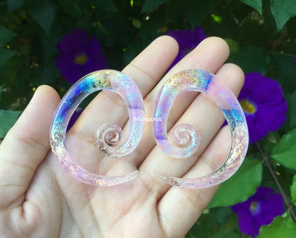 1 Pair (2 Pieces) Translucent Rainbow Trans Pink Dichroic Glass Tear Drop Spirals
