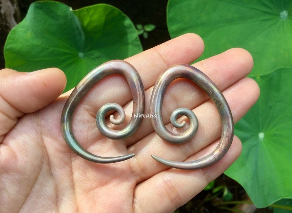 1 Pair (2 Pieces) Antique Metallic Earth Tear Drop Spirals Pyrex Glass