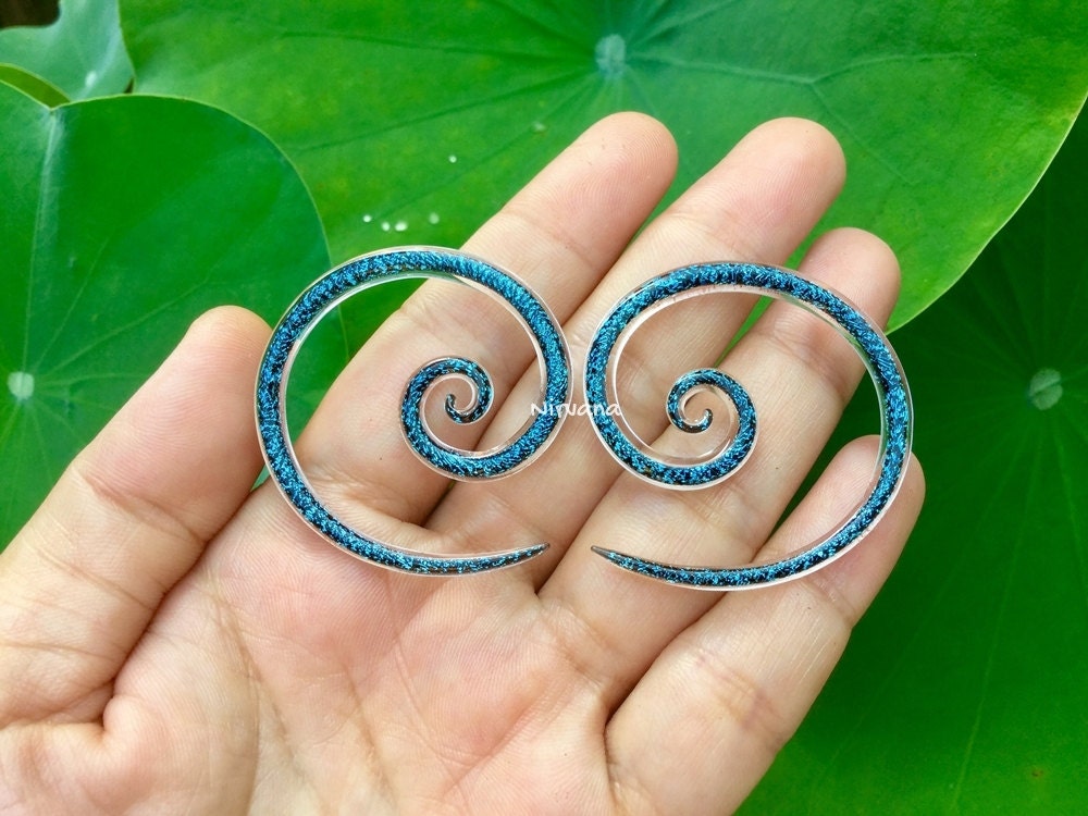 1 Pair (2 Pieces) Dichroic Aqua Blue Super Spiral Gauges