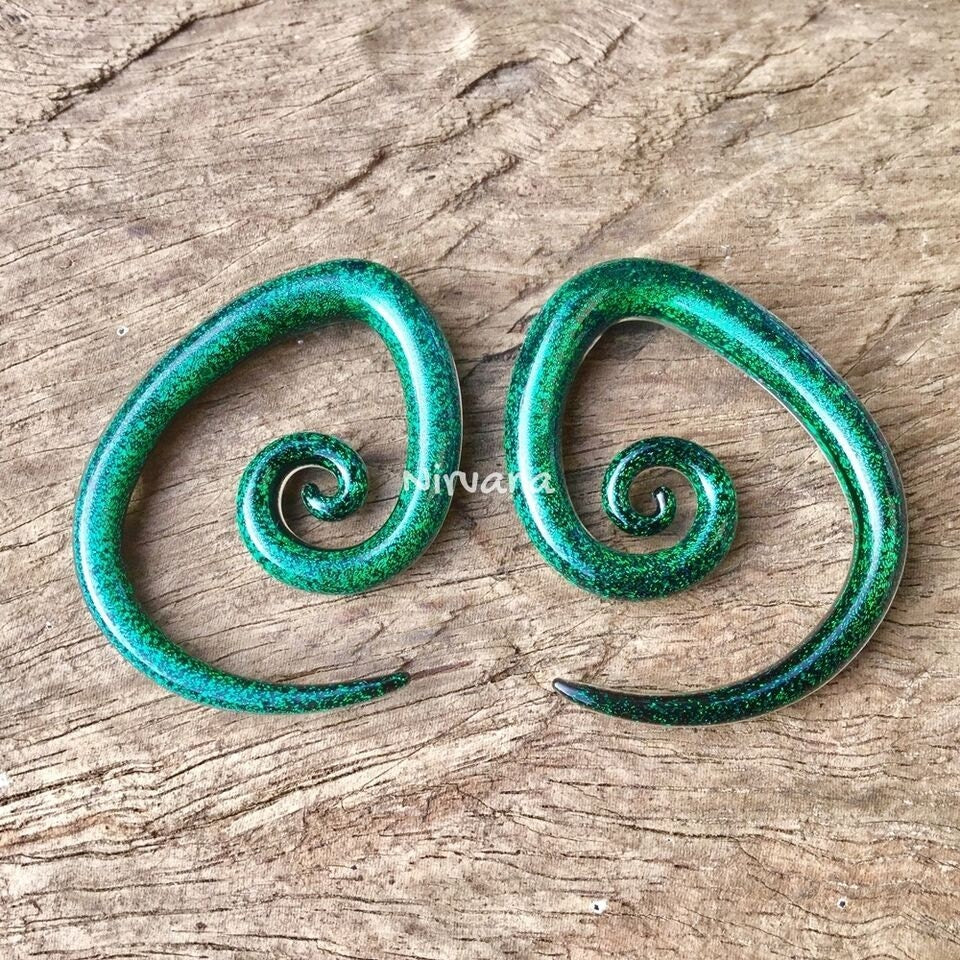1 Pair (2 Pieces) Emerald Green Dichroic Glass Tear Drop Spirals