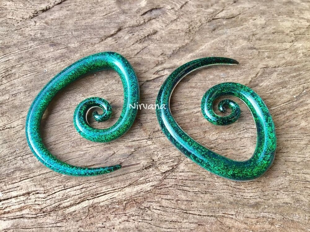 1 Pair (2 Pieces) Emerald Green Dichroic Glass Tear Drop Spirals
