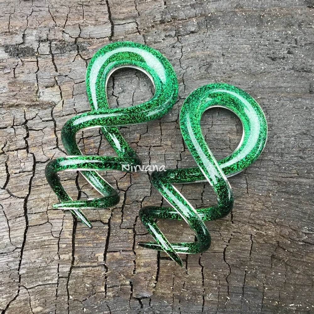 1 Pair (2 Pieces) Emerald Green Dichroic Glass Cork Screw Spirals