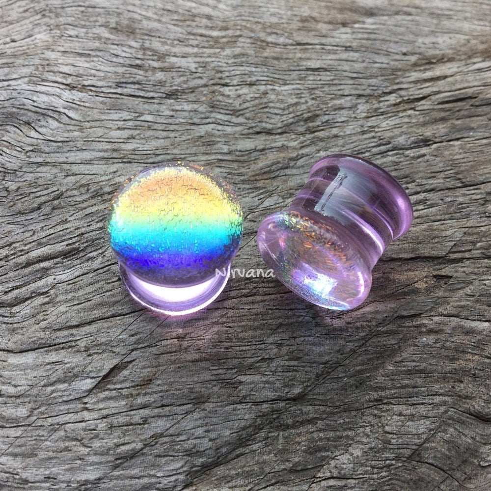 1 Pair (2 Pieces) Translucent Aquatic Rainbow Dichroic Glass Plugs on Translucent Pink
