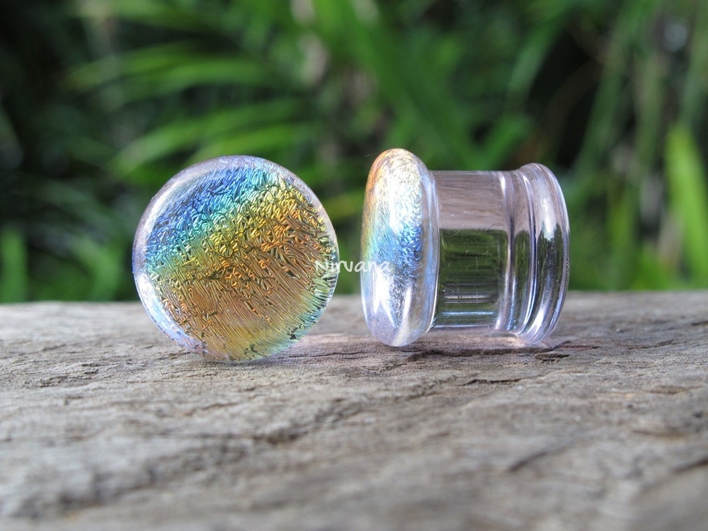 1 Pair (2 Pieces) Translucent Aquatic Rainbow Dichroic Glass Plugs on Translucent Pink