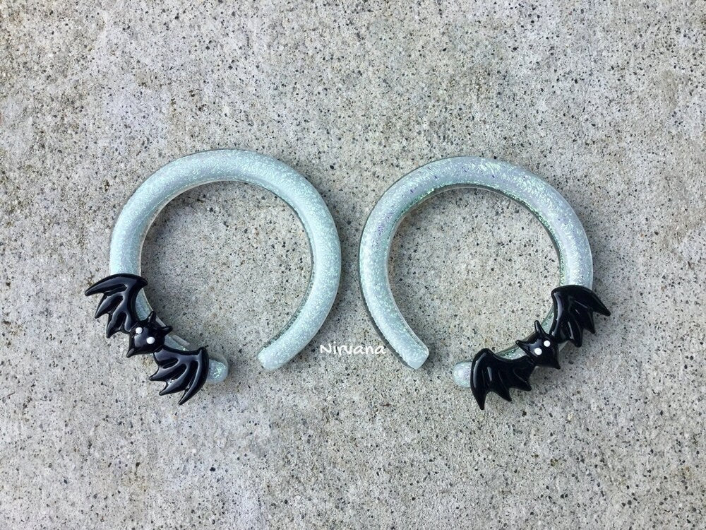 1 Pair (2 Pieces) Bat Hoops with a Pearlescent "GRAY" Dichroic Background