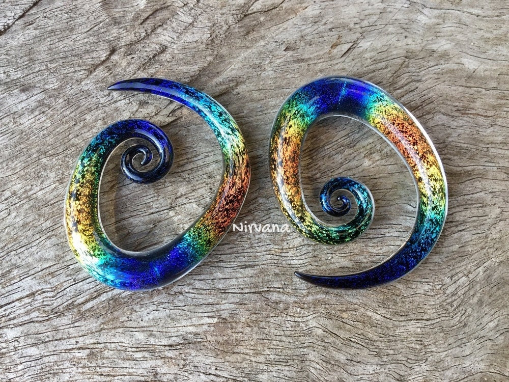1 Pair (2 pieces) Aquatic Rainbow Dichroic Glass Tear Drop Spirals
