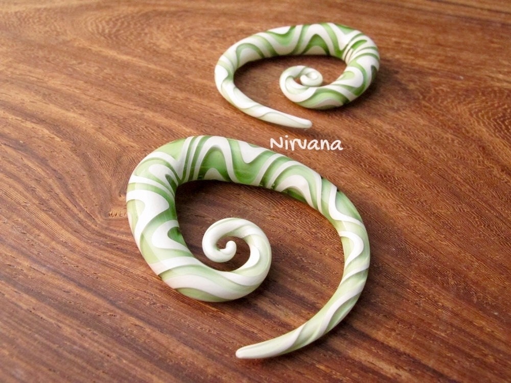 1 Pair (2 Pieces) White & Translucent Light Green Snake Tear Drop Spirals Pyrex Glass