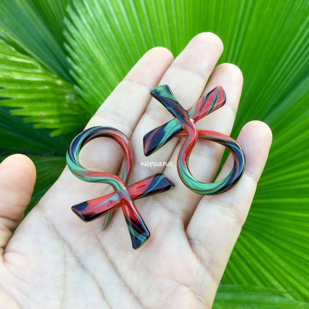 1 Pair (2 Pieces) Egyptian Ankh Cross Pyrex glass Ear Spirals
