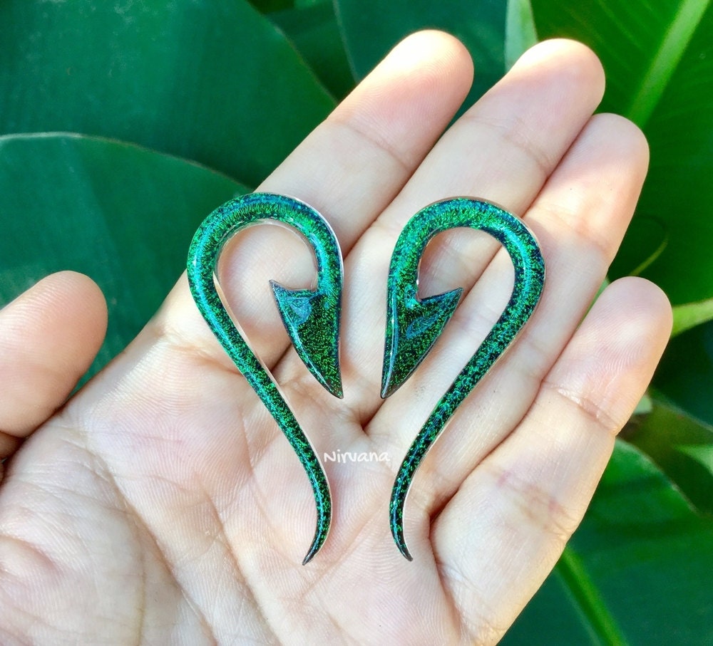 1 Pair (2 Pieces) Emerald Green Dichroic Glass South Pacific Islands Tribal Fish Hooks
