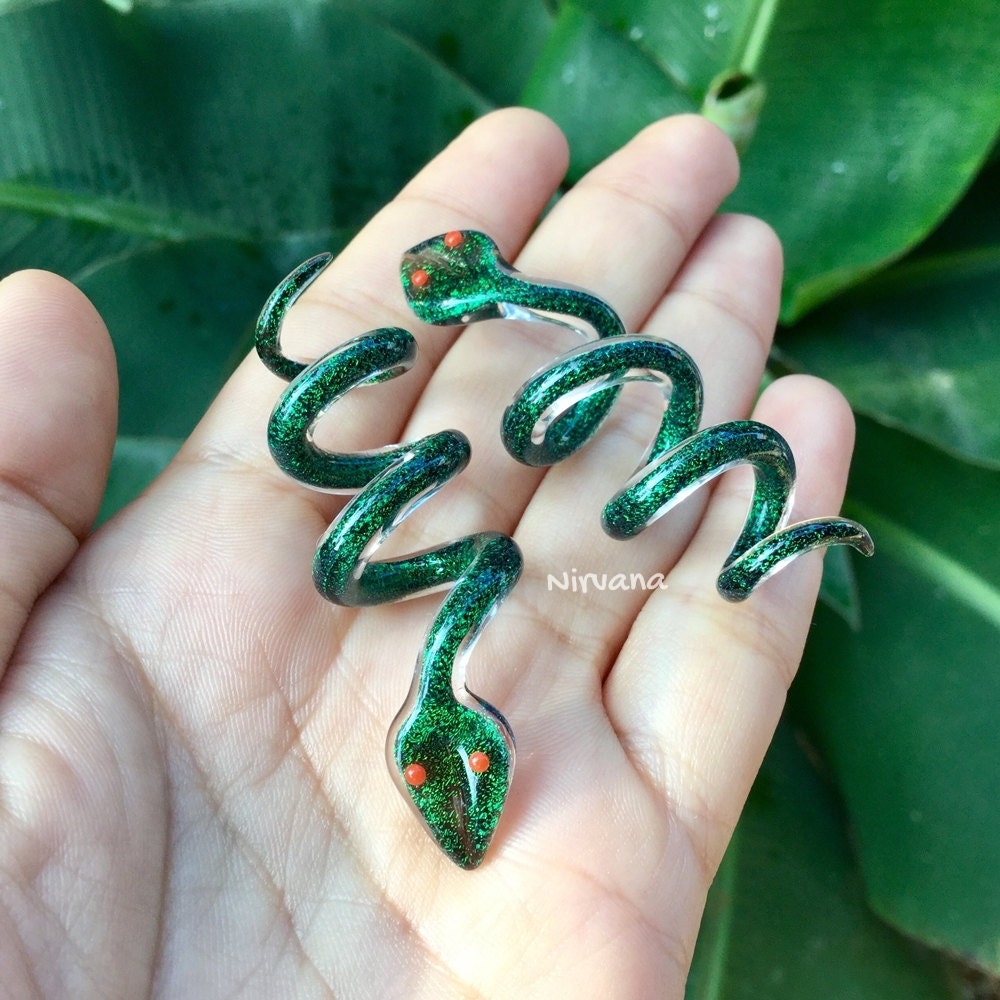 1 Pair (2 Pieces) Emerald Green Dichroic Glass Snake Spirals