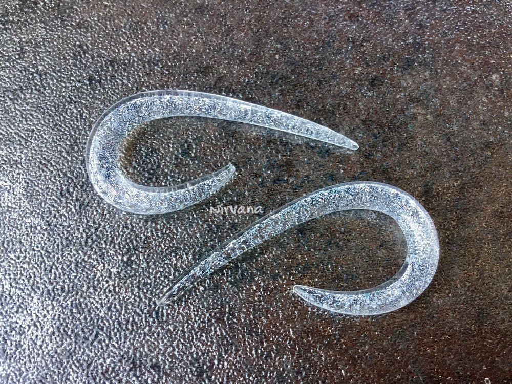 1 Pair (2 Pieces) Translucent Dichroic Silver Glass Fish Hook Spirals