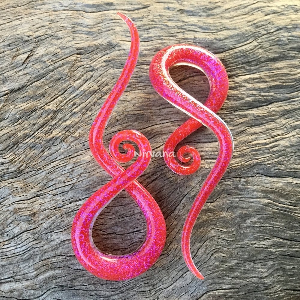 1 Pair (2 Pieces) Cherry Red/Pink Dichroic Glass Note Spirals