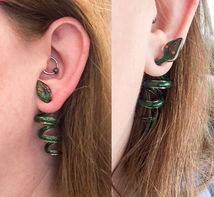 1 Pair (2 Pieces) Emerald Green Dichroic Glass Snake Spirals