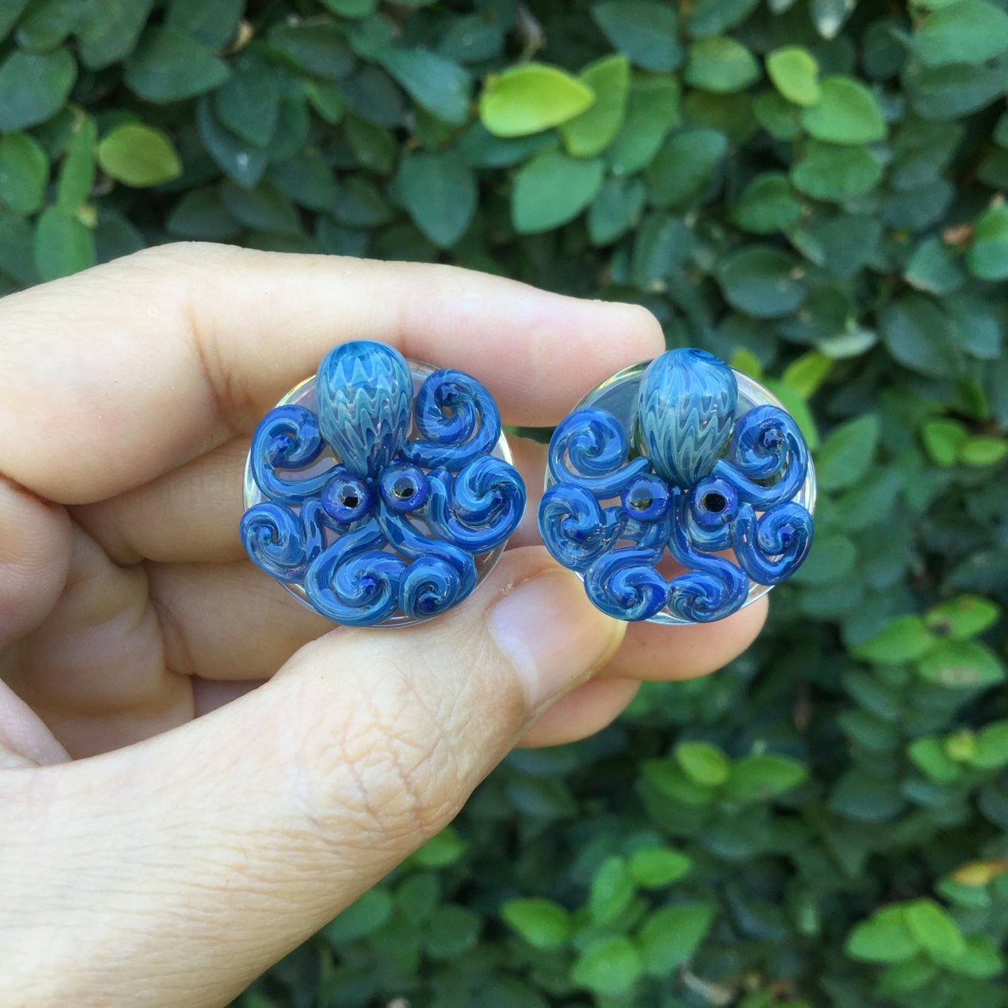 1 Pair (2 Pieces) New Exotic Blue Octopus Plugs Pyrex Glass