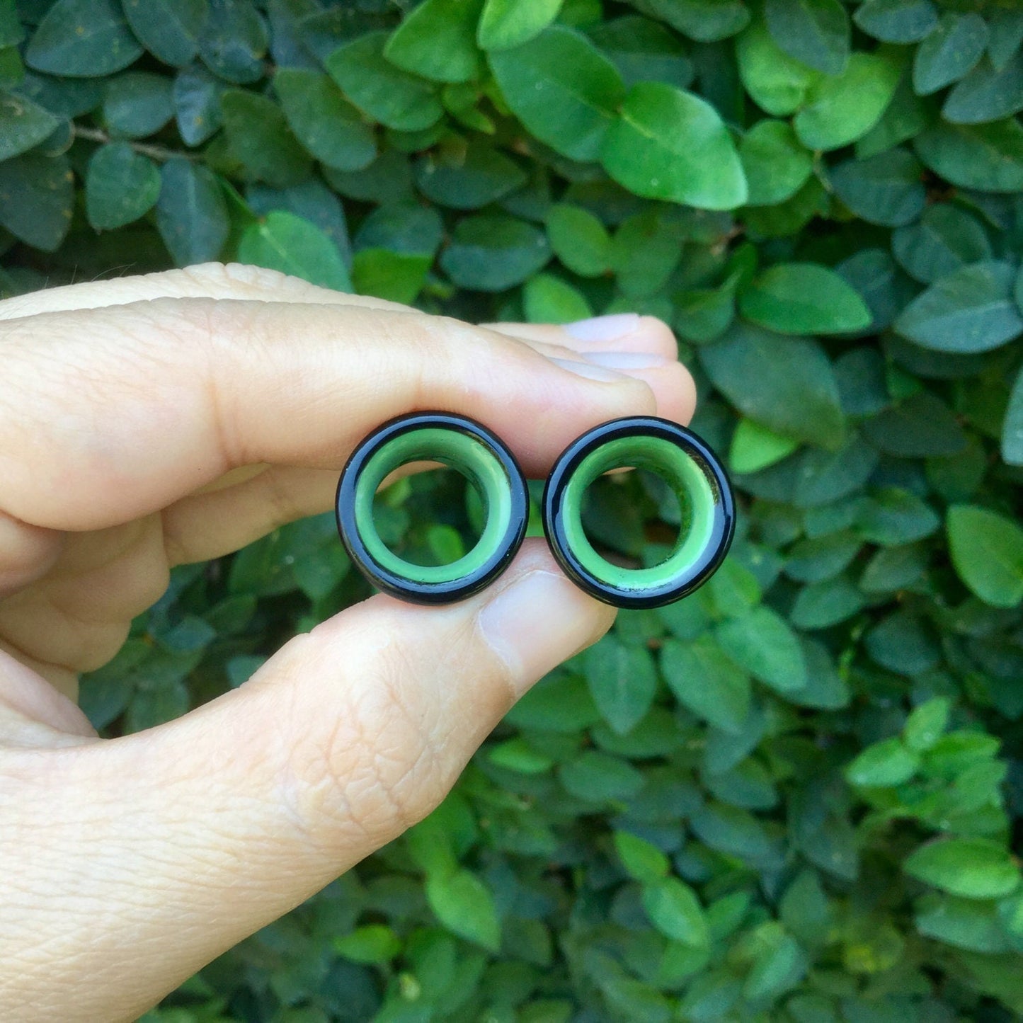 1 Pair (2 Pieces) Black & Jade 2 Tone Tunnels Glass